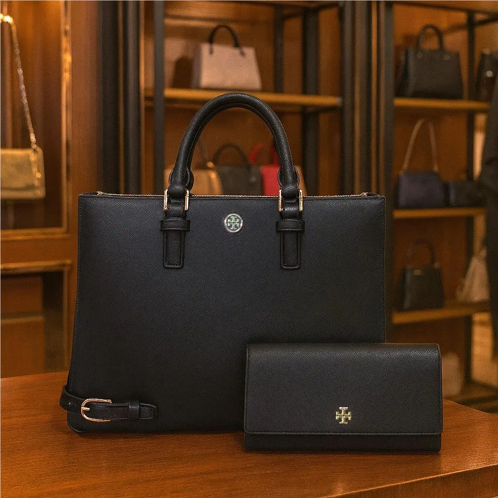 Tory Burch Black Saffiano Leather Large Robinson Multi Tote Wallet Bag Set