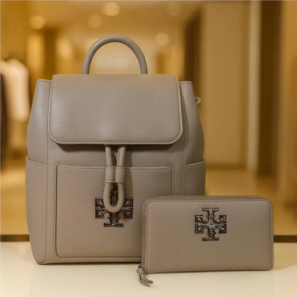 Tory Burch Britten French Gray Leather Backpack + Matching Wallet Set
