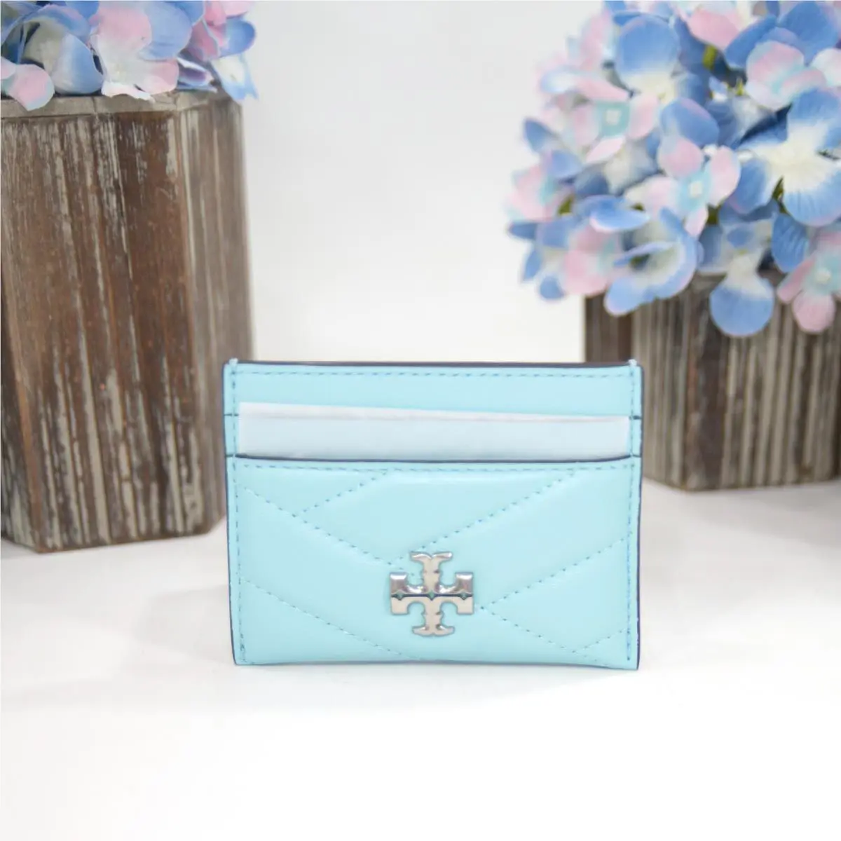 Tory Burch Light Celeste Leather Kira Quilted Logo Card Case Mini Wallet