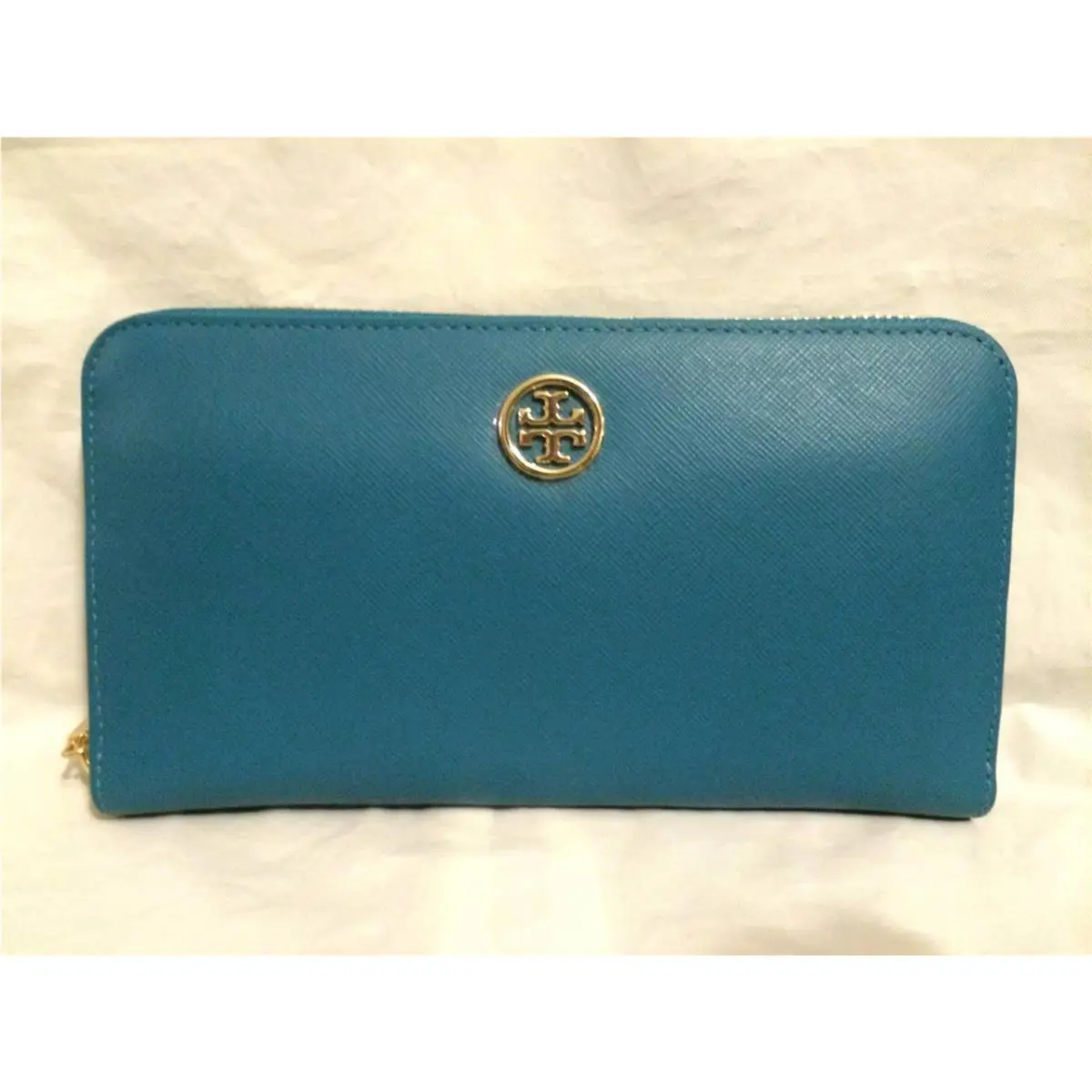 Tory Burch Robinson Zip Around Blue Leather Logo Wallet Clutch