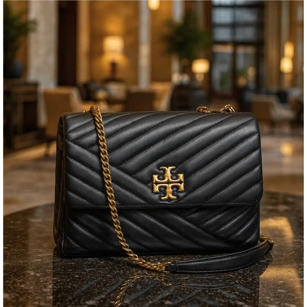 Tory Burch Kira Chevron Black Leather/rolled Brass Crossbody/shoulder Bag