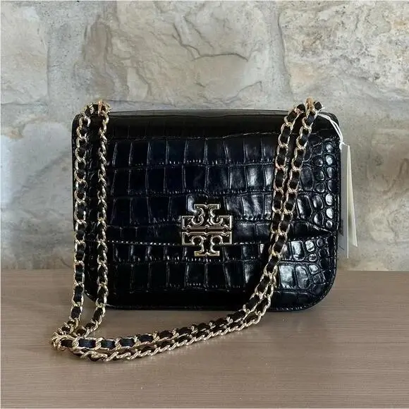 Tory Burch Britten Embossed Small Black Adjustabe Shoulder Crossbody Bags