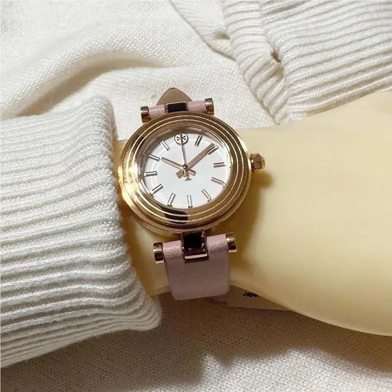 Tory Burch Classic-t Ivory Dial Pink Leather Strap Watch TBW9008