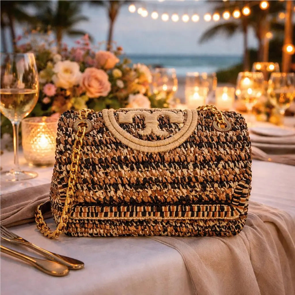 Tory Burch Soft Fleming Classic Cuoio Tan Raffia Convertible Shoulder Bag