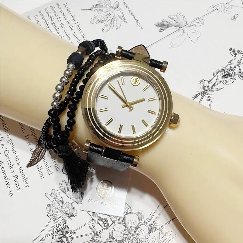 Tory Burch Classic-t Ivory Dial Black Leather Strap Watch TBW9003