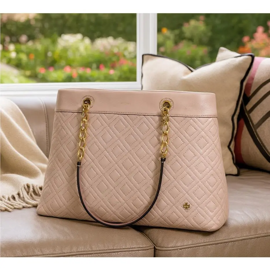 Tory Burch Fleming Shell Pink Quilted Leather Triple Compartment Chain Tote