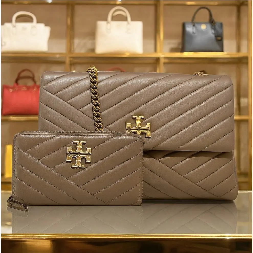 Tory Burch Kira Chevron Taupe Convertible Shoulder Crossbody Bag + Wallet