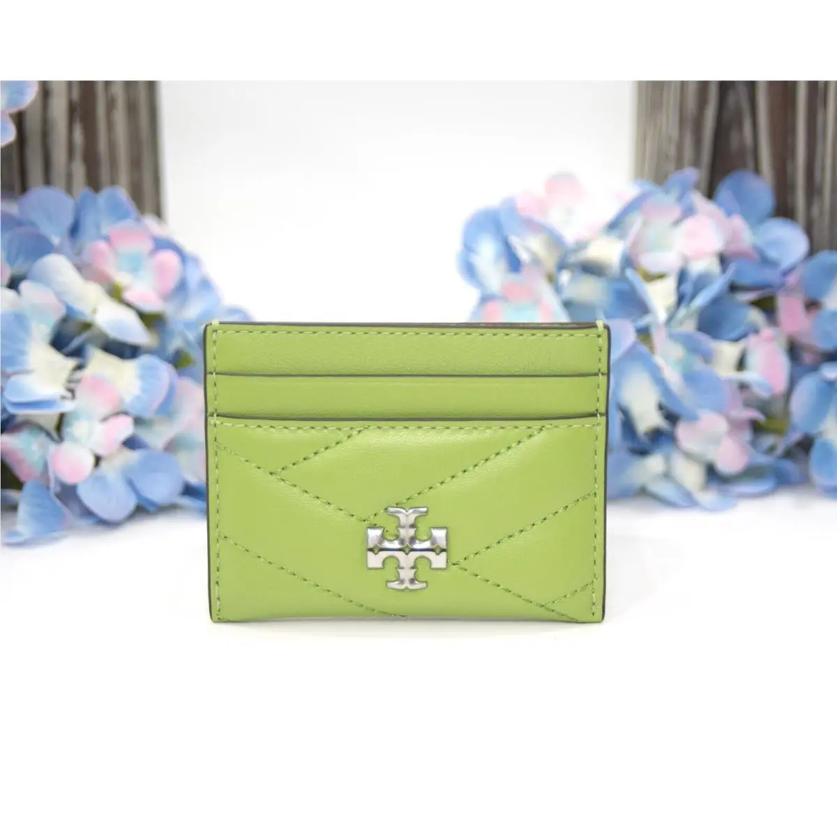 Tory Burch Wild Leaves Green Leather Kira Quilted Logo Card Case Mini Wallet