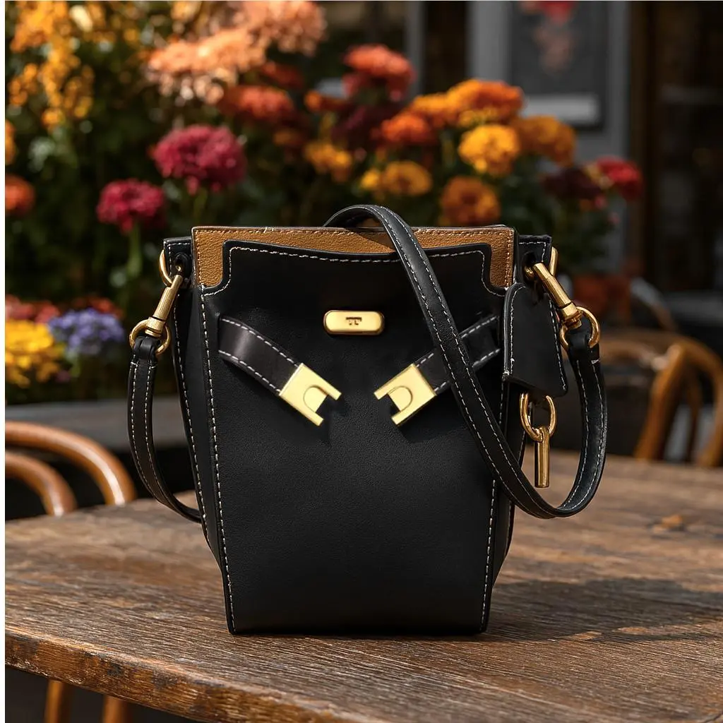 Tory Burch Lee Radziwill Double Petite Black Small Bucket Tote/crossbody Bag