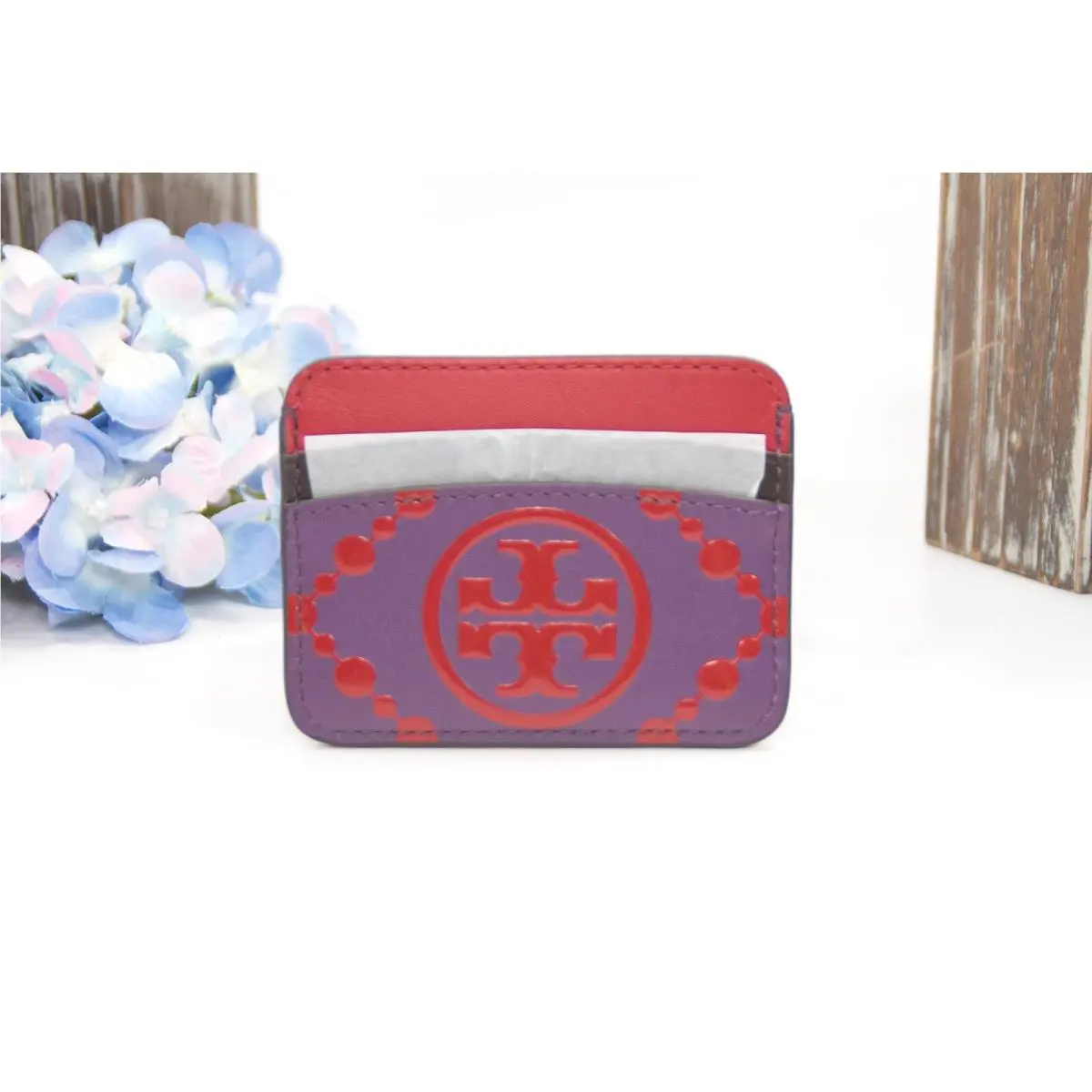 Tory Burch Wild Thistle Red Leather Colorblock Logo Card Case Mini Wallet