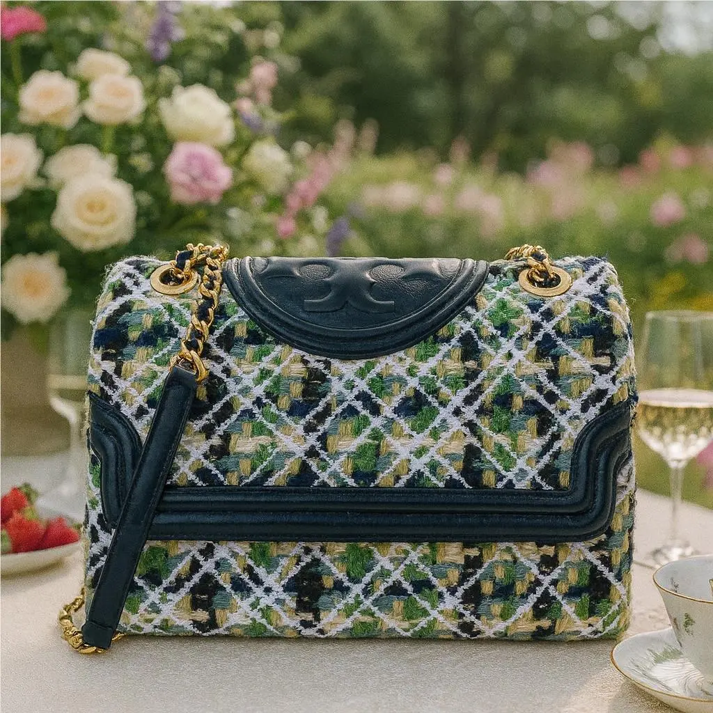 Tory Burch Soft Fleming Green Tweed Convertible Shoulder Bag/crossbody Bag