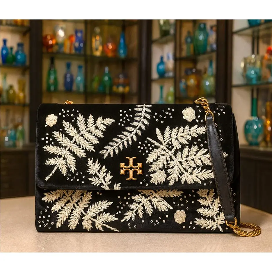 Tory Burch Kira Embroidered Black Velvet Convertible Shoulder Bag/crossbody Bag