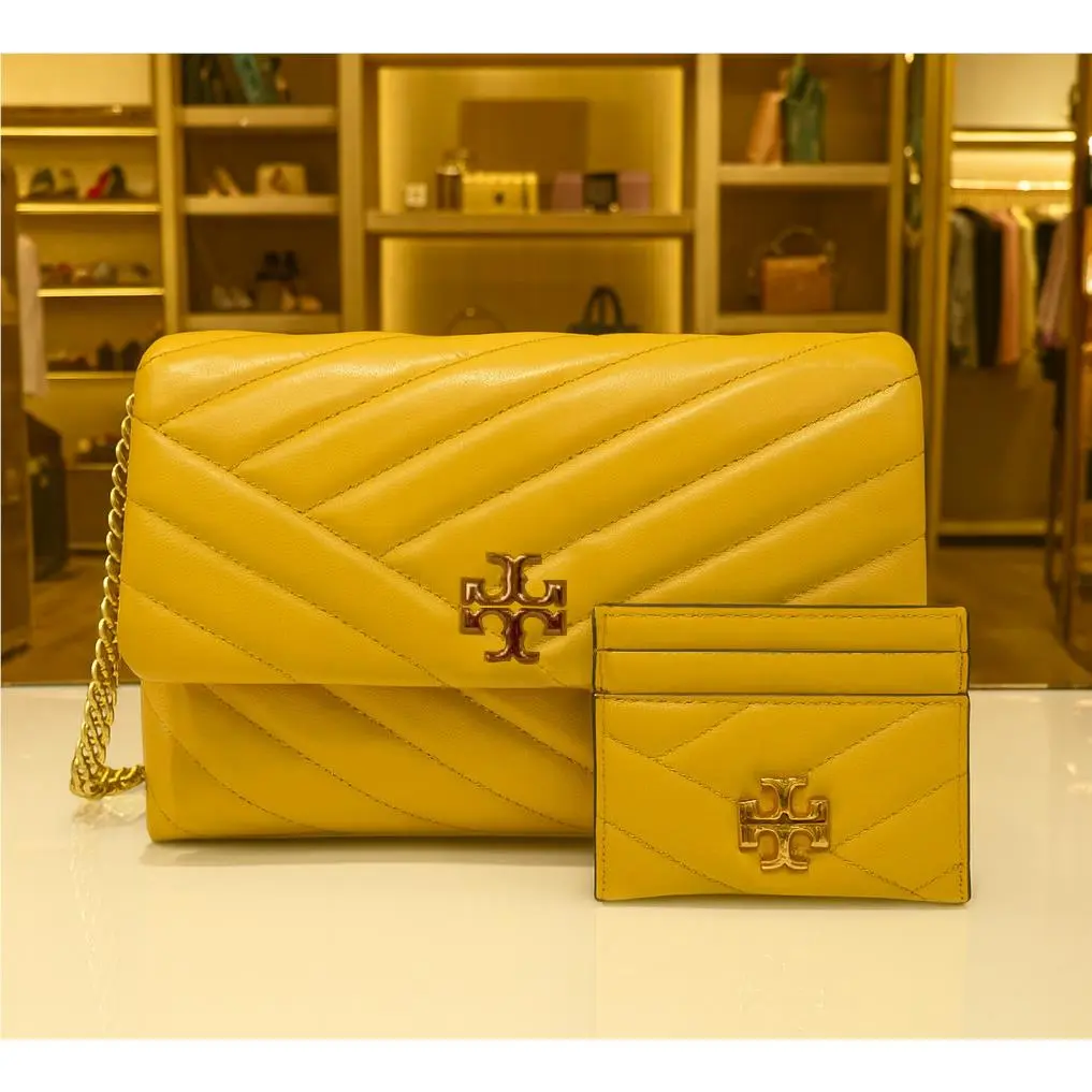 Tory Burch Kira Chevron Yellow Leather Small Shoulder Bag + Kira Card Case