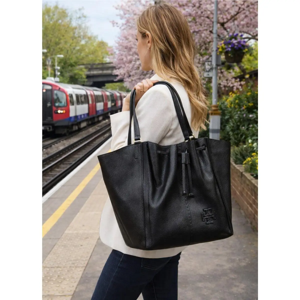 Tory Burch Mcgraw Dragonfly Black Leather Oversized Drawstring Tote Bag