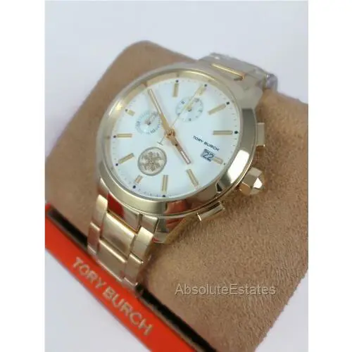 Tory Burch Yellow Gold Collins Cream Dial Chronograph Watch TBW1250 Logo