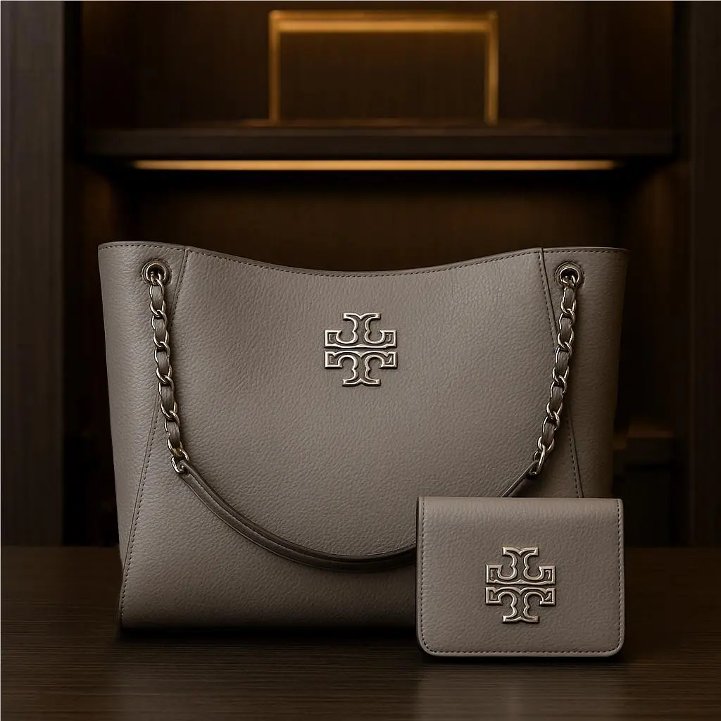 Tory Burch Britten Gray Heron Leather Small Slouchy Tote Bag + Mini Wallet