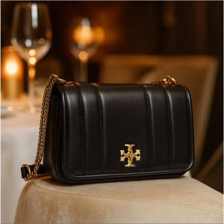 Tory Burch Kira Black Leather/rolled Gold Chain Shoulder/crossbody Bag