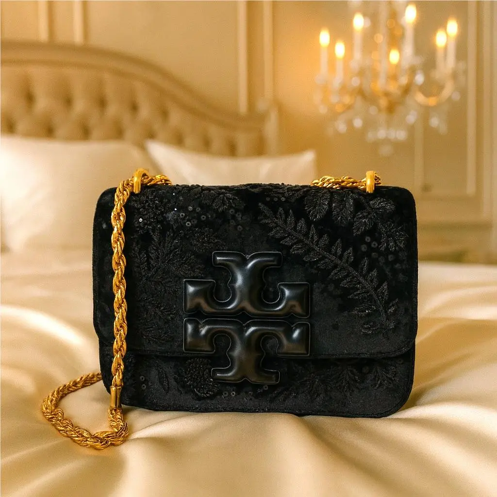 Tory Burch Eleanor Black Embroidered Velvet Small Convertible Shoulder Bag