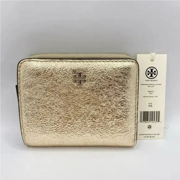 New/tag Tory Burch Gold Metallic Leather Emerson Mini Wallet + Gift Reciept