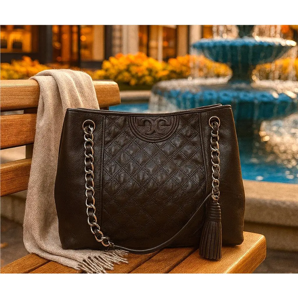 Tory Burch Fleming Mahogany Brown Distressed Quilted Leather Chain Tote Bag