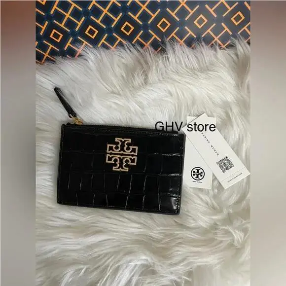 Tory Burch Britten Croc Leather Zip Card Case in Black