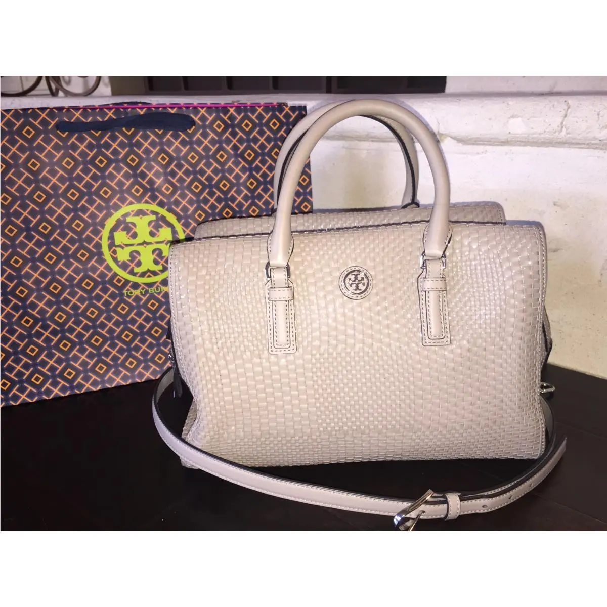 Tory Burch Robinson Woven Soft Satchel French Gray Gift BAG-31159710