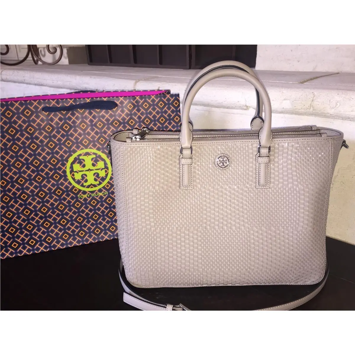 Tory Burch Robinson Woven Multi Tote French Gray Gift Bag -31159777