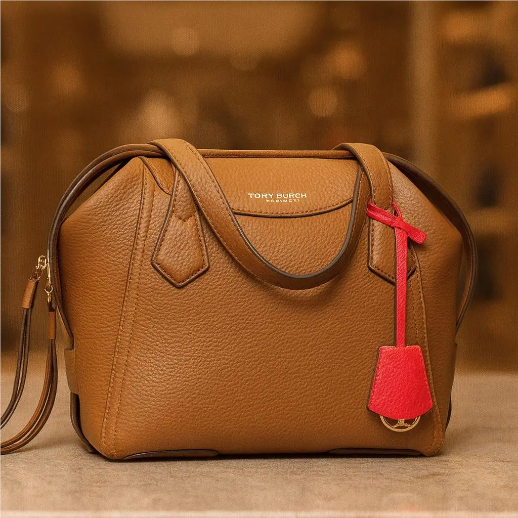 Tory Burch Perry Moose Brown Leather Satchel/shoulder Bag with Zipper Top