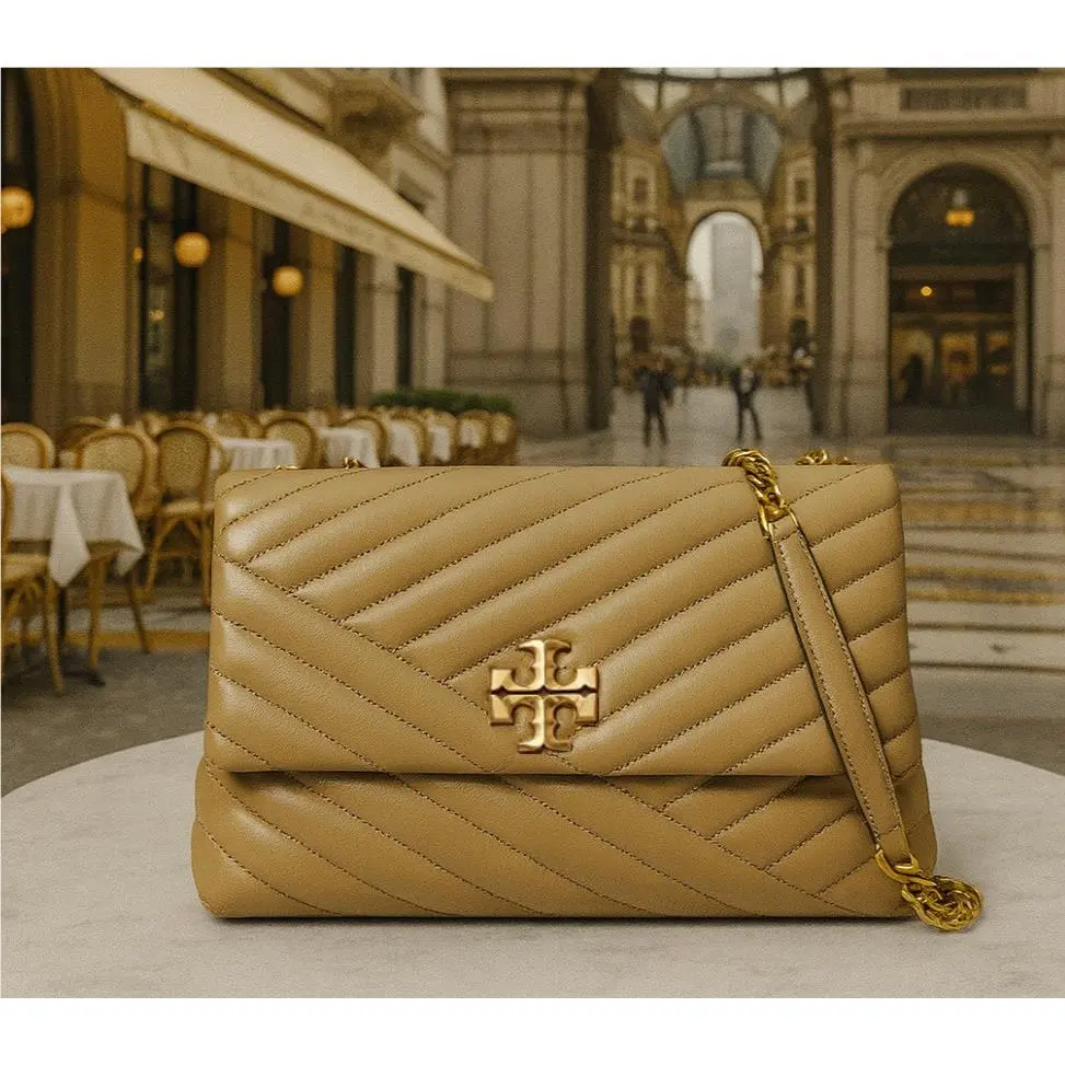 Tory Burch Kira Chevron Pebblestone Taupe Tan Leather Shoulder Bag/crossbody Bag