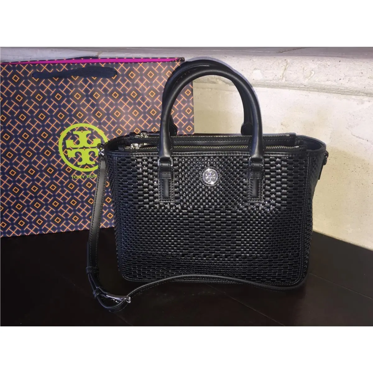 Tory Burch Robinson Woven Small Multi Tote Black Gift BAG-31159848