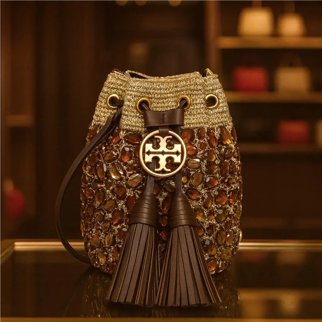 Soft Fleming Gold Crochet Jewel Mini Bucket Tote/crossbody Bag by Tory Burch
