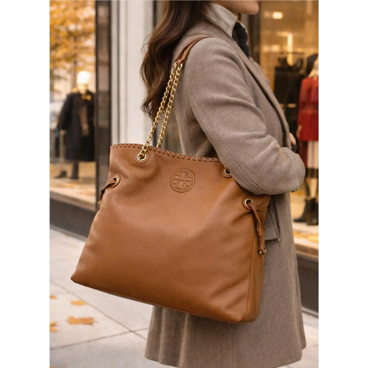 Tory Burch Marion Bark Brown Pebbled Leather NS Large Slouchy Shopper Tote