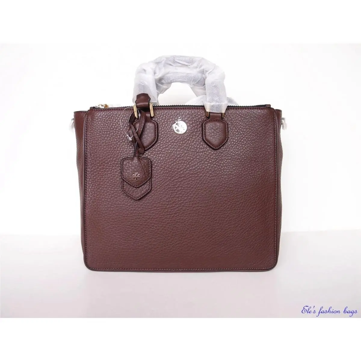 Tory Burch Robinson Large Leather Double Zip Tote Satchel Crossbody Brown