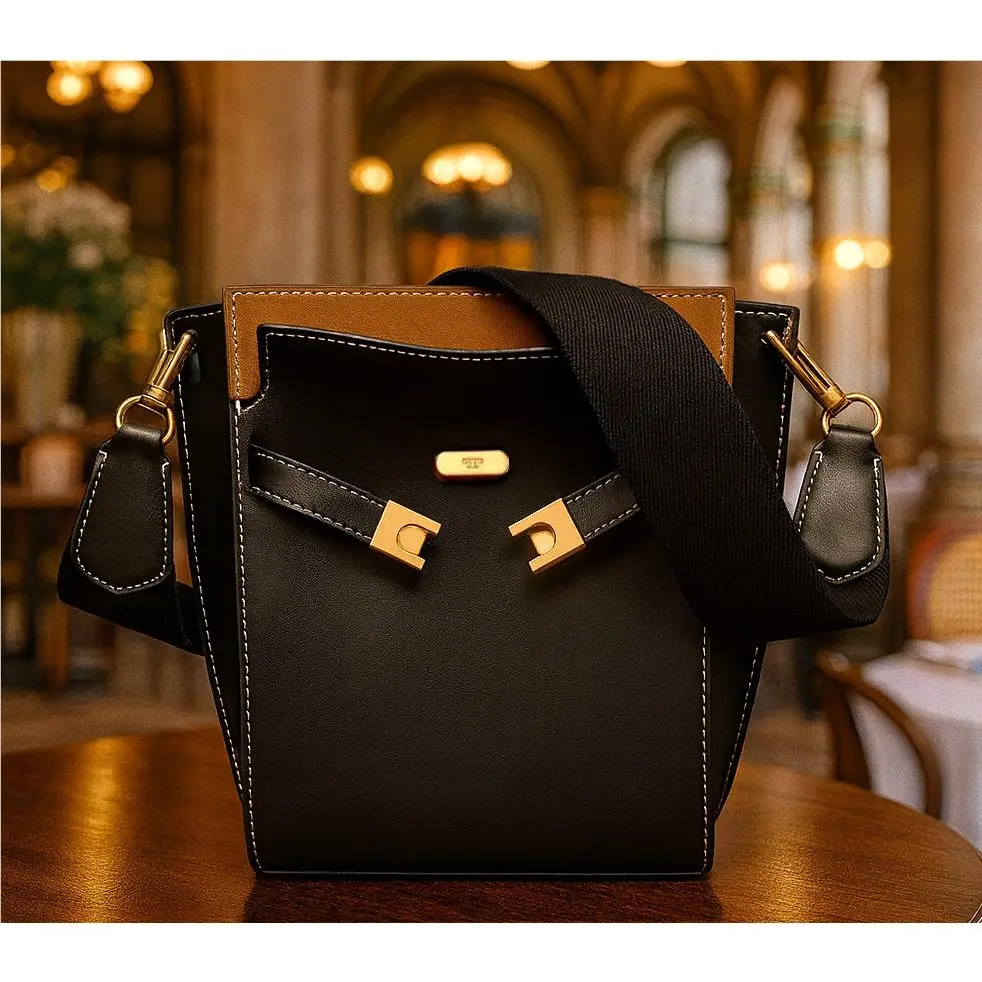 Tory Burch Lee Radziwill Double Black Leather Bucket Tote/shoulder Bag/crossbody