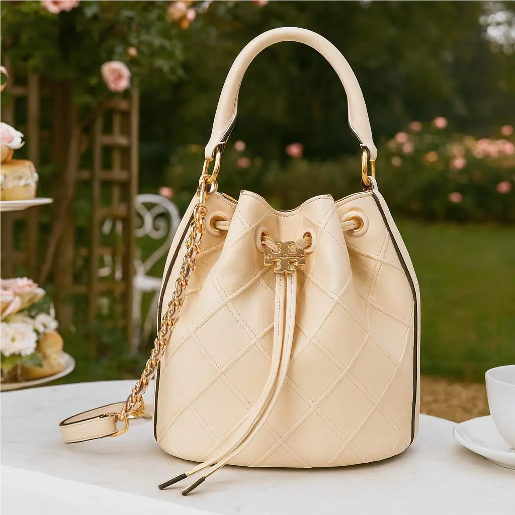 Tory Burch Soft Fleming Cream Leather Drawstring Bucket Crossbody Bag