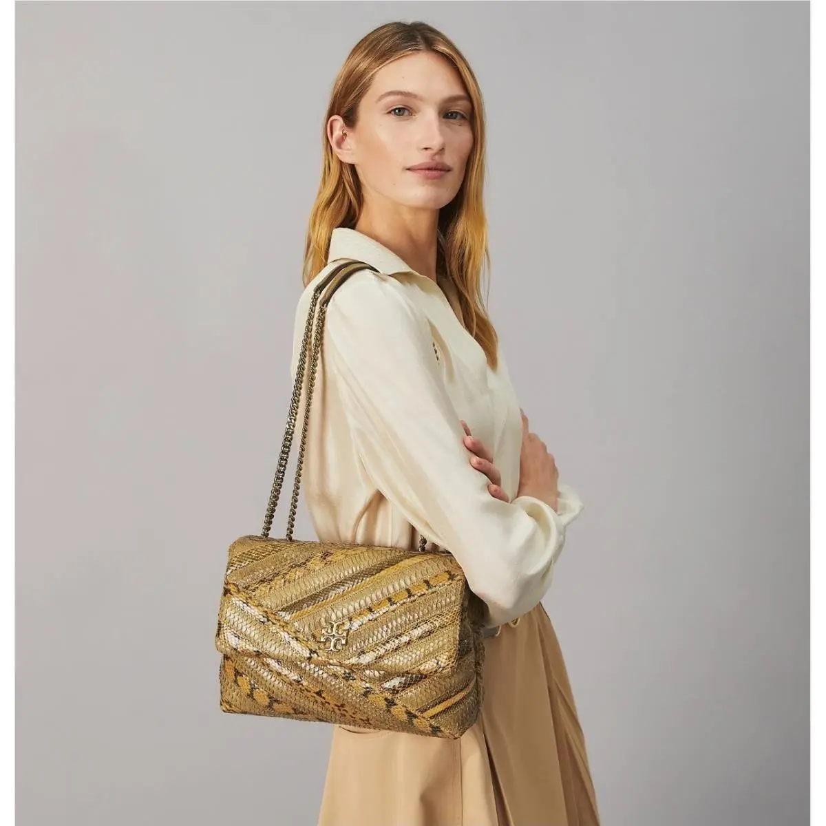 Tory Burch Kira Chevron Sankeskin Leather Handbag Shoulder Bag Brown Purse