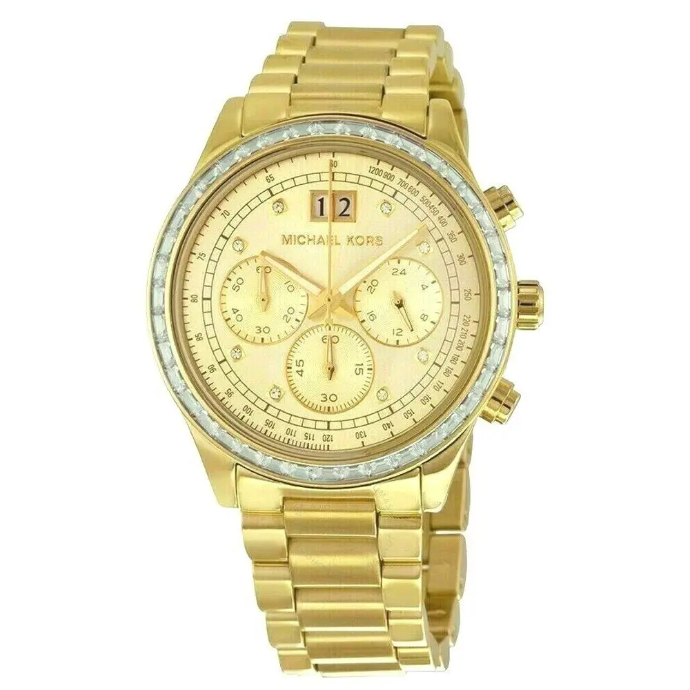 Michael Kors Brinkley Gold Tone Crystal Glitz Chronograph Bracelet Watch MK6187