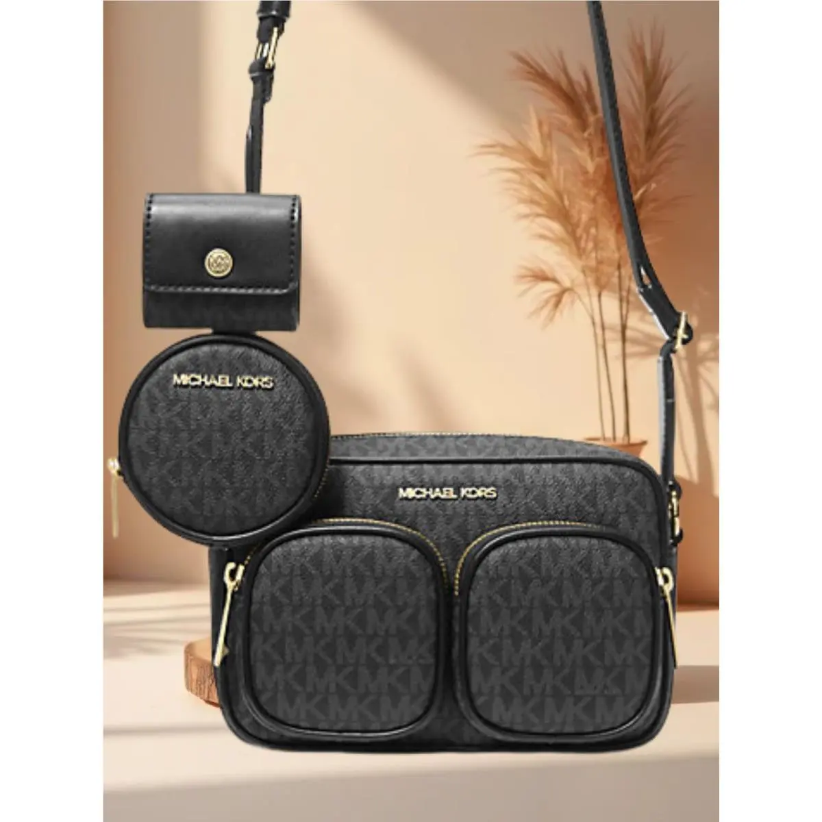 Michael Kors MK Lady Medium Black Shoulder Crossbody Bag Handbag Purse Messenger