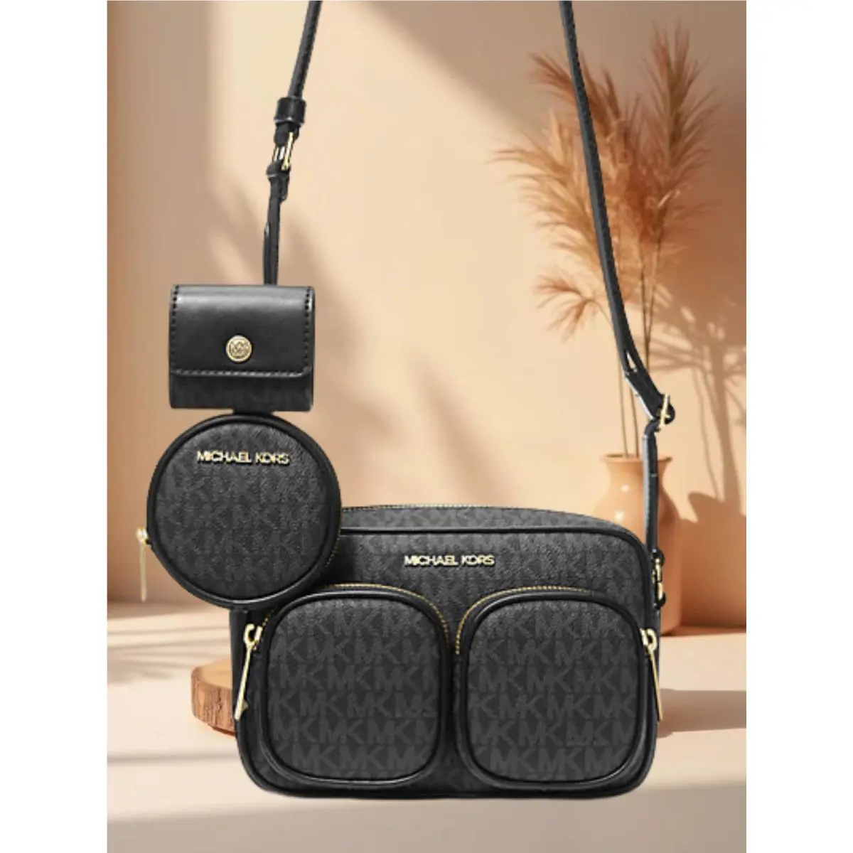 Michael Kors MK Lady Medium Black Shoulder Crossbody Bag Handbag Purse Messenger