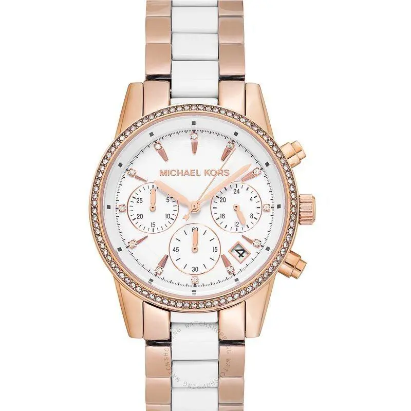 Michael Kors MK6324 Ritz White Rose Gold Womens Chronograph Watch - Dial: Rose Gold, Band: Rose color, Bezel: Rose Gold