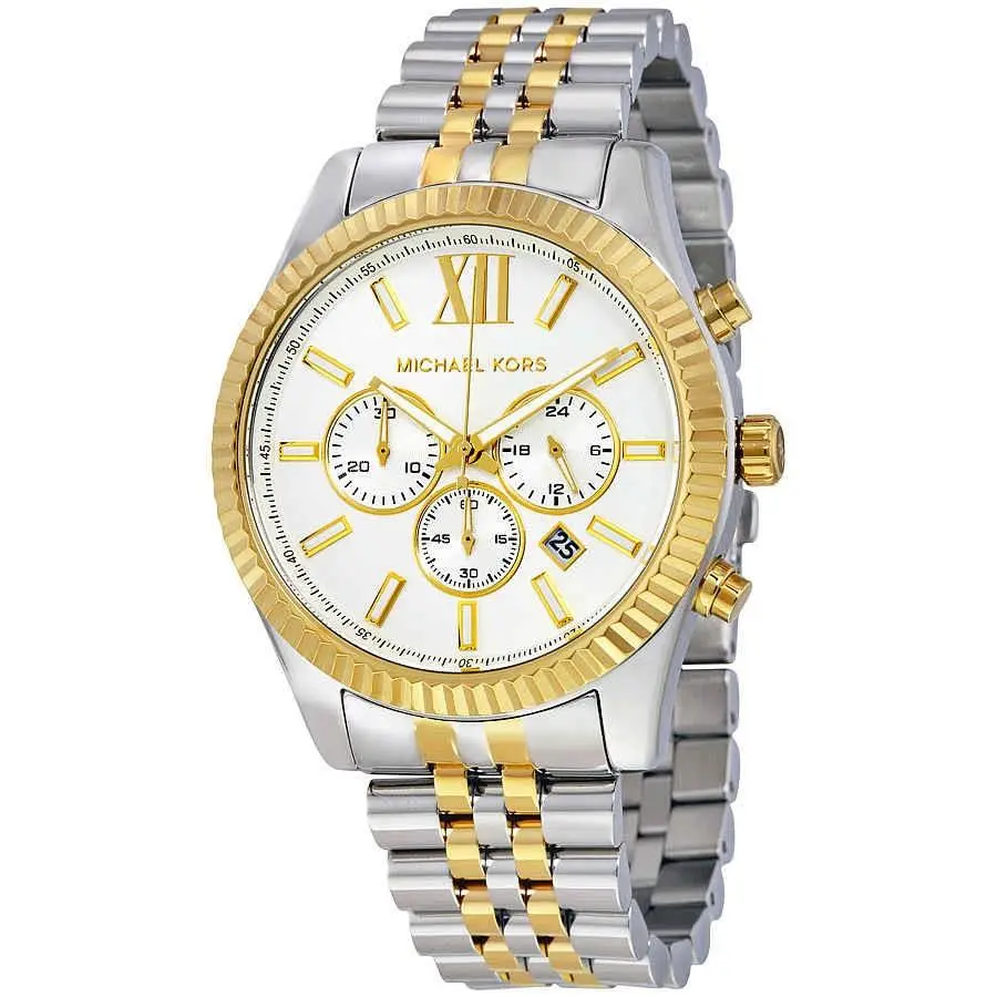 Michael Kors MK8344 Lexington White Dial 45 mm Men`s Watch - Two-tone (Silver-tone and Yellow Gold-tone), Dial: White, Band: Silver