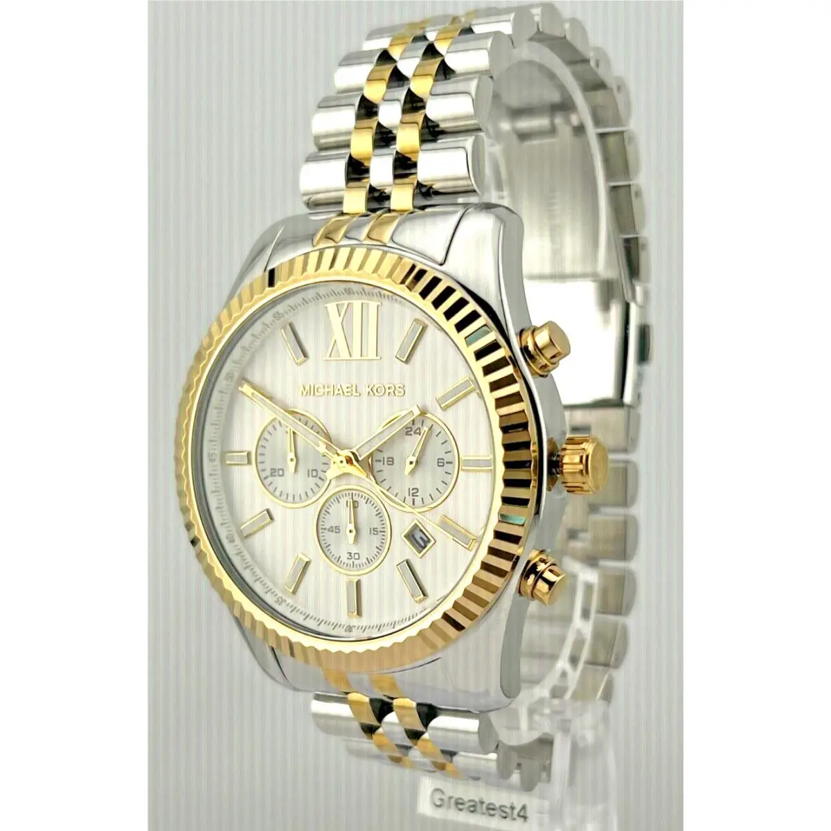 Michael Kors Lexington MK8344 Two Toned Quartz Chronograph 44 MM Mens Watch - Dial: Silver, Off- White, Band: Gold, Silver, Bezel: Gold