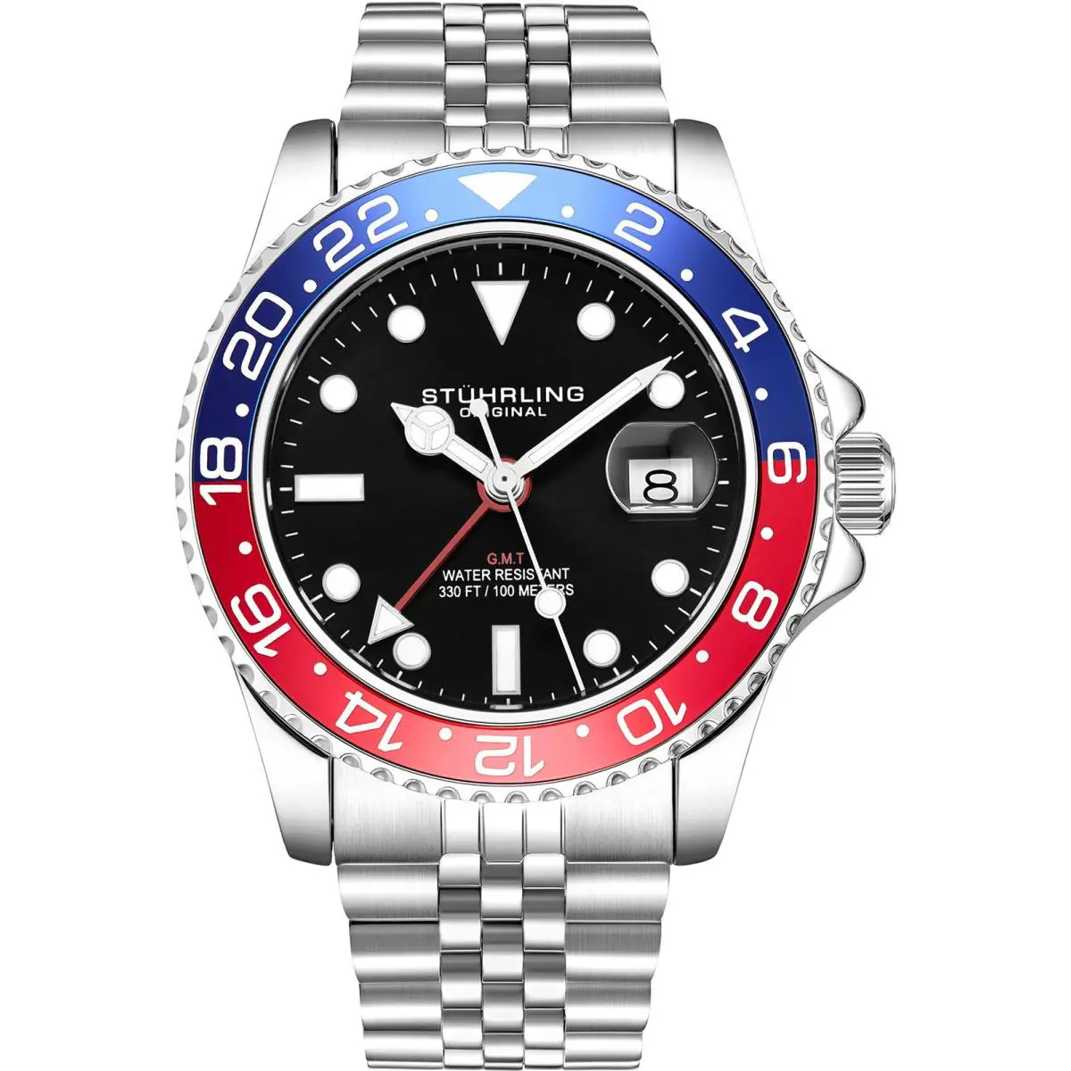 Stuhrling Men`s Stainless Steel Jubilee Bracelet Gmt Watch Quartz - Silver, Dial: Black, Band: Silver