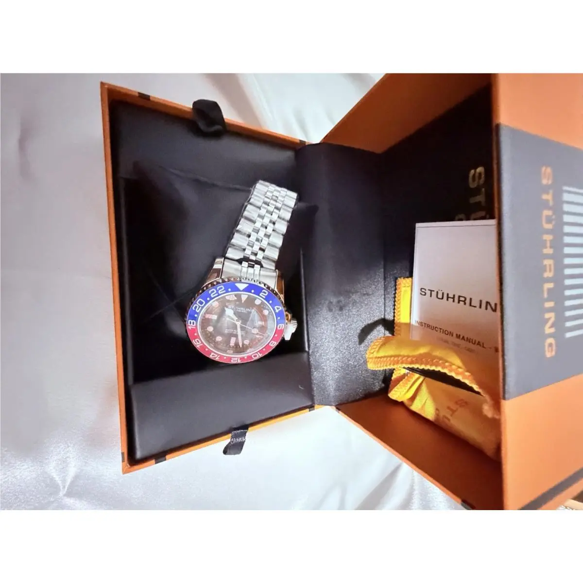 Stuhrling Men`s Stainless Steel Silver Time Gmt Watch Quartz Red Blue - Silver, Dial: Black, Band: Silver