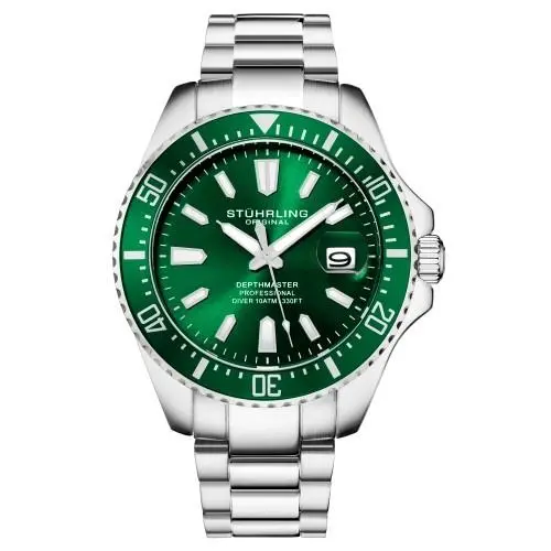 Stuhrling 3950A 3 Aquadiver Date Stainless Steel Green Dial Mens Watch - Dial: Green, Band: Silver