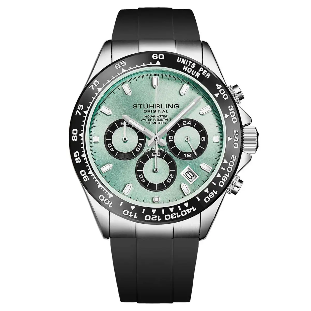 Stuhrling 4050 1 Aquamaster Quartz Chronograph Rubber Strap Mens Watch - Band: Black, Bezel: Black