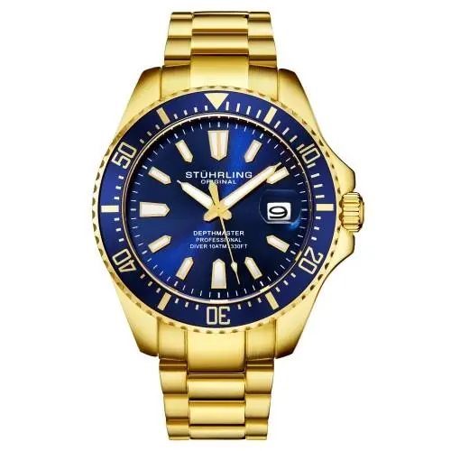 Stuhrling 3950A 8 Aquadiver Date Stainless Steel Blue Dial Mens Watch - Dial: Blue, Band: Gold