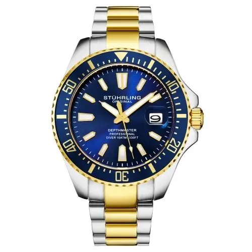 Stuhrling 3950A 5 Aquadiver Date Stainless Steel Blue Dial Two Tone Mens Watch by Stührling