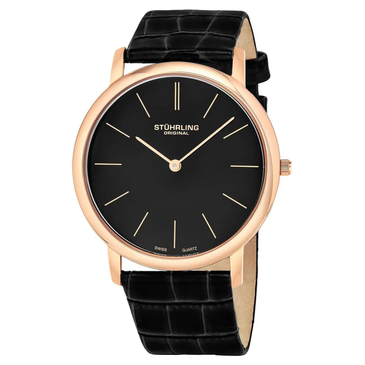 Stuhrling Men`s Swiss Quartz Ultra Thin Rose Tone Black Leather Strap Watch
