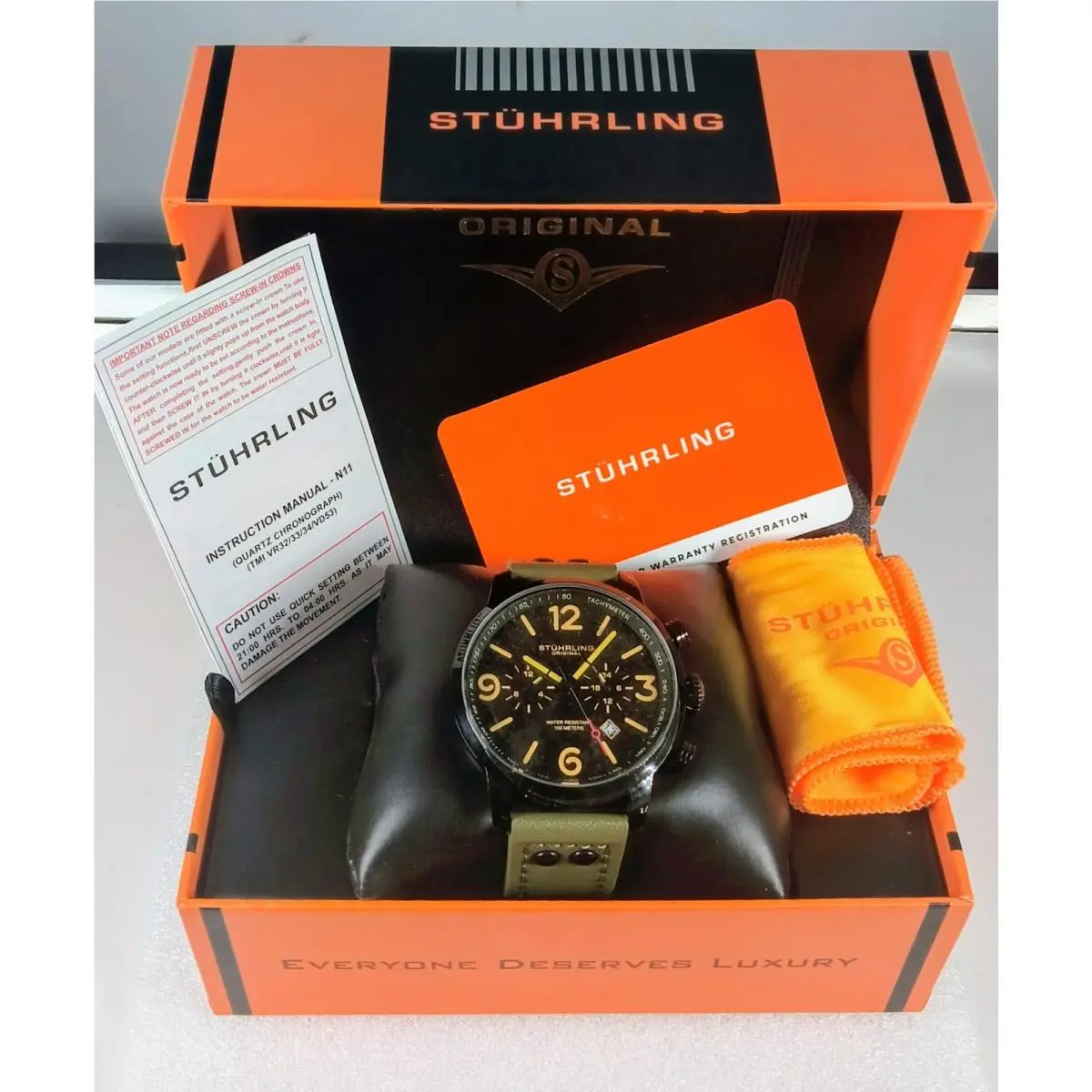 Stuhrling 3956 5 Aviator Chronograph Date Green Leather Strap Mens Watch